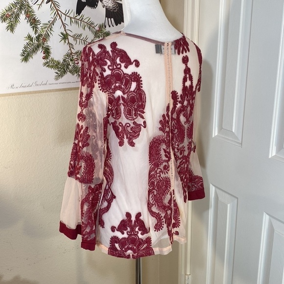 Minkpink Embroidered Sheer Mesh Top Pink Tulle Burgundy Trim Bell Sleeves Size S - Picture 8 of 14